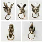 Ring Woodland Antique Brass Animals Stag Hare Fox Owl with Pull Ring Drawers Cupboard Dresser